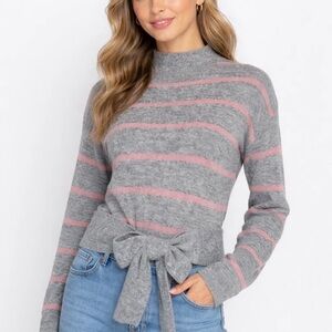 Wayf Gray & Pink Striped Tie-Waist Mock Neck Sweater